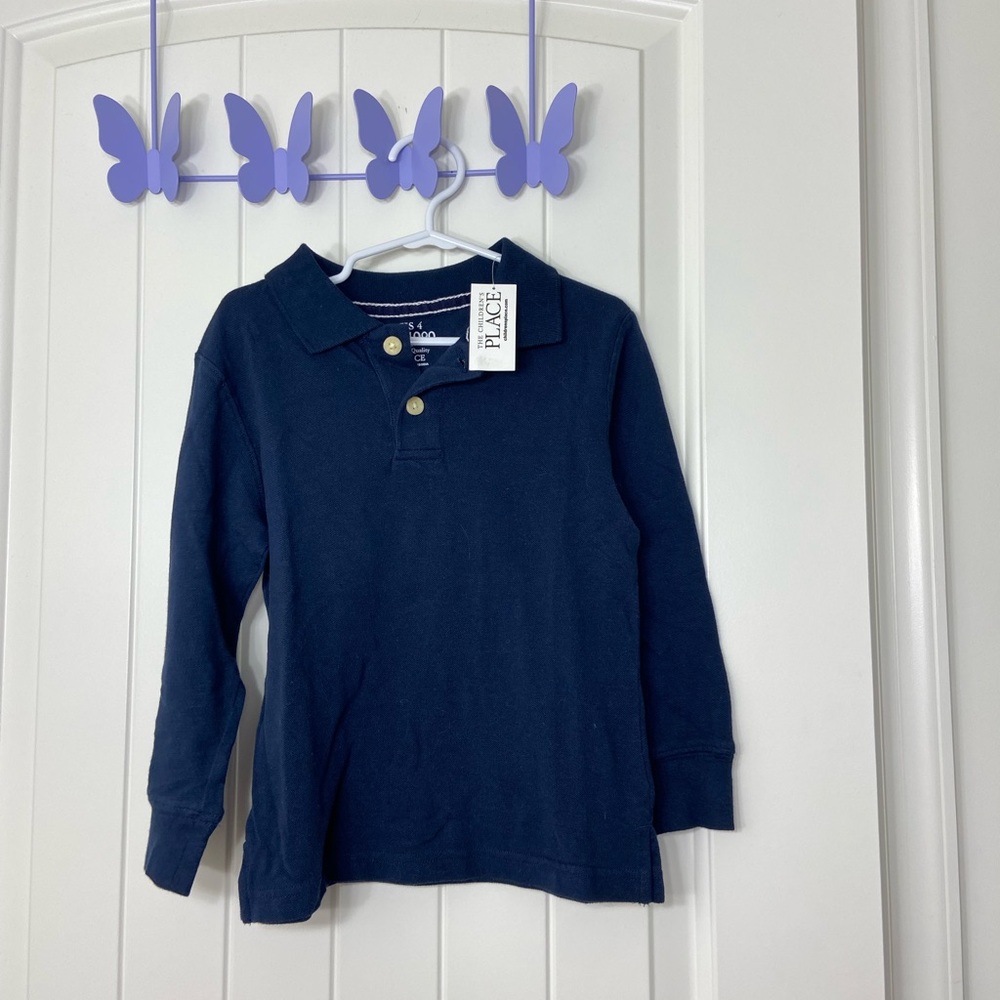 NEW Children’s Place boy’s navy blue button-neck collared long sleeve polo shirt